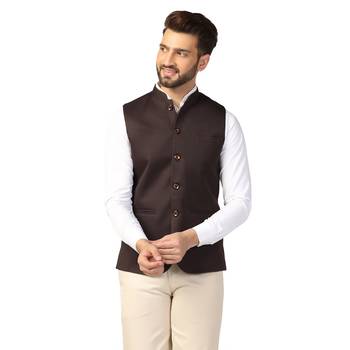 Brown plain blended cotton nehru-jacket 1