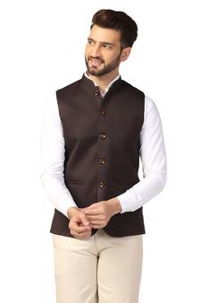 Brown plain blended cotton nehru-jacket