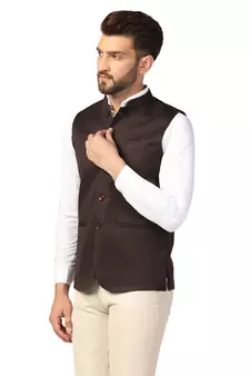 Brown plain blended cotton nehru-jacket