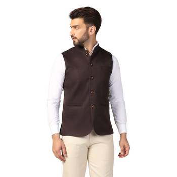 Brown plain blended cotton nehru-jacket 3