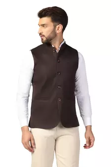 Brown plain blended cotton nehru-jacket