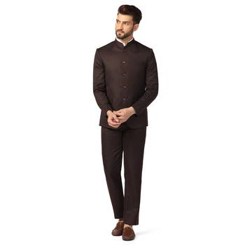 Brown plain blended cotton bandhgala-suit 1