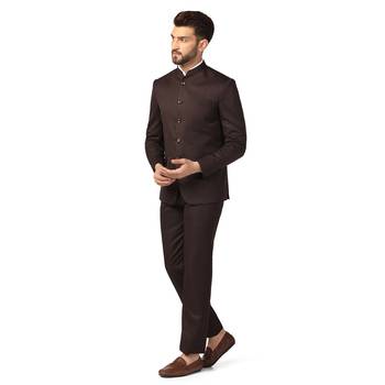 Brown plain blended cotton bandhgala-suit 2
