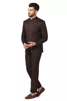 Brown plain blended cotton bandhgala-suit