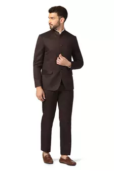 Brown plain blended cotton bandhgala-suit