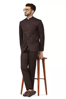 Brown plain blended cotton bandhgala-suit