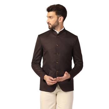 Brown plain blended cotton bandhgala-suit 1