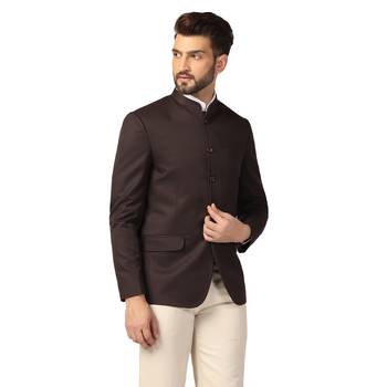 Brown plain blended cotton bandhgala-suit 3