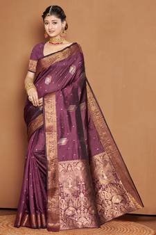 Purple Banarasi silk blend Woven Zari Work Traditional Saree