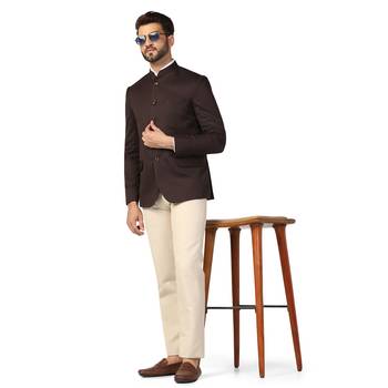 Brown plain blended cotton bandhgala-suit 5