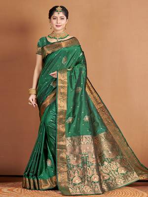Green Banarasi silk blend Woven Zari Work Traditional Saree 1