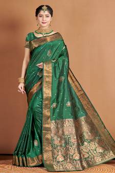 Green Banarasi silk blend Woven Zari Work Traditional Saree