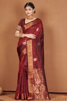 Maroon Banarasi silk blend Woven Zari Work Traditional Saree