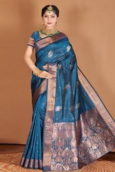 Blue Banarasi silk blend Woven Zari Work Traditional Saree