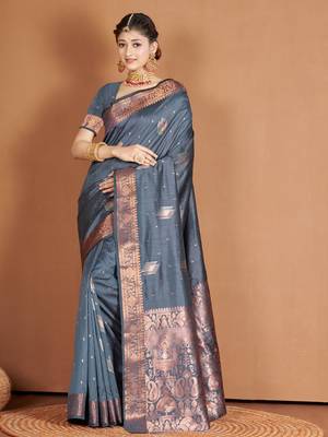 Grey Banarasi silk blend Woven Zari Work Traditional Saree 1
