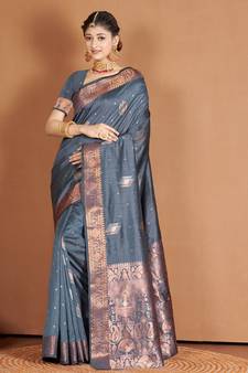 Grey Banarasi silk blend Woven Zari Work Traditional Saree
