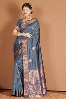 Grey Banarasi silk blend Woven Zari Work Traditional Saree