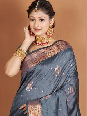 Grey Banarasi silk blend Woven Zari Work Traditional Saree 2