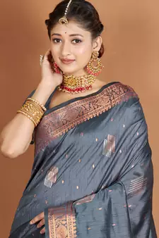Grey Banarasi silk blend Woven Zari Work Traditional Saree