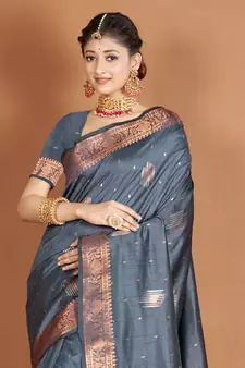 Grey Banarasi silk blend Woven Zari Work Traditional Saree