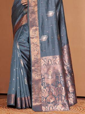 Grey Banarasi silk blend Woven Zari Work Traditional Saree 4