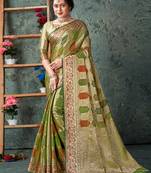 Sangam Prints Green Silk  Siroski Stone Work Traditional Tassle Saree