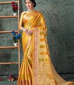 Sangam Prints Yellow Silk  Siroski Stone Work Traditional Tassle Saree