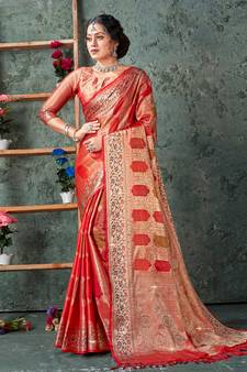 Sangam Prints Red Silk  Siroski Stone Work Traditional Tassle Saree
