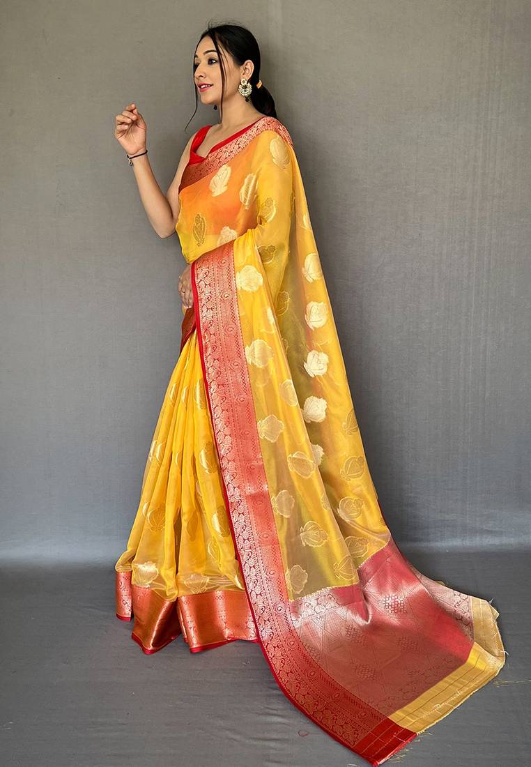 Orange woven organza saree with blouse