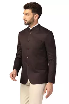 Brown plain blended cotton bandhgala-suit