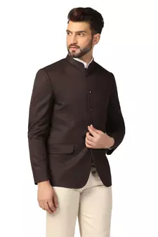 Brown plain blended cotton bandhgala-suit