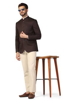 Brown plain blended cotton bandhgala-suit