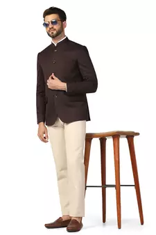 Brown plain blended cotton bandhgala-suit