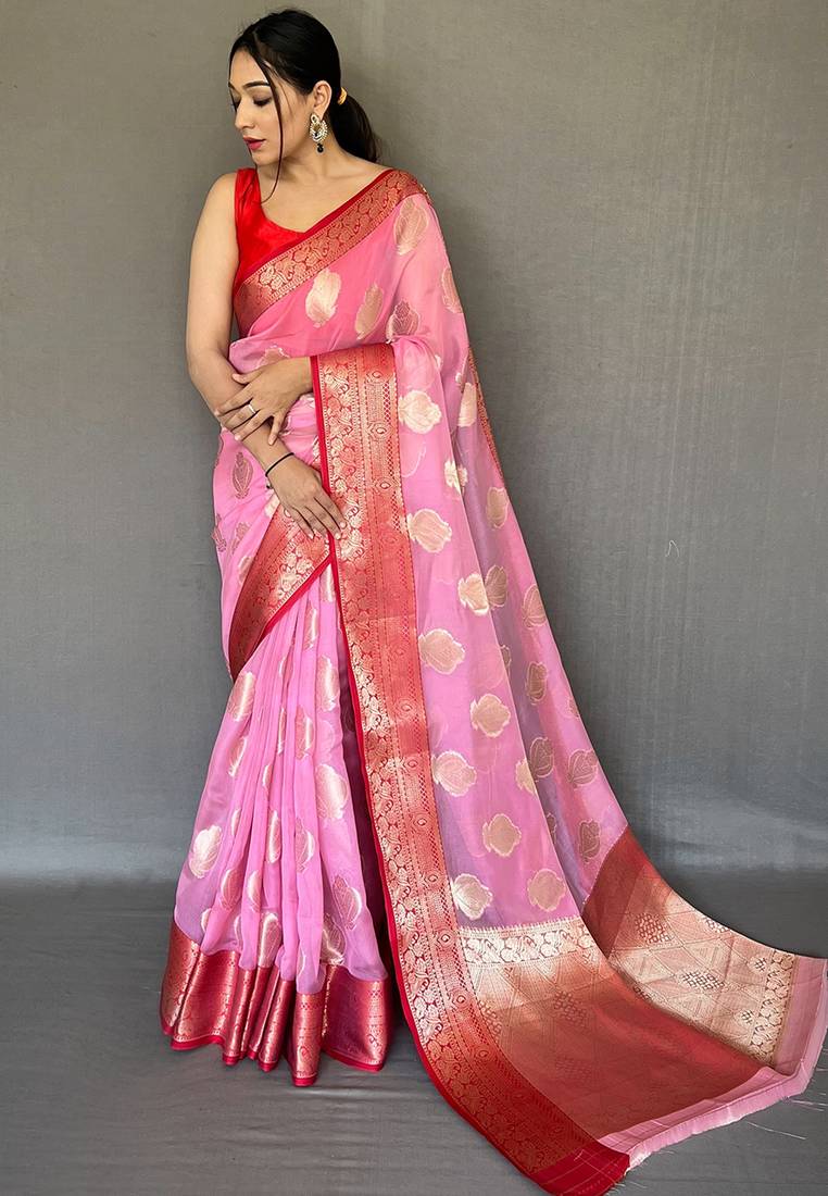 Pink woven organza saree with blouse
