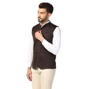 Brown plain blended cotton nehru-jacket 2