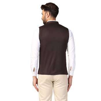 Brown plain blended cotton nehru-jacket 4