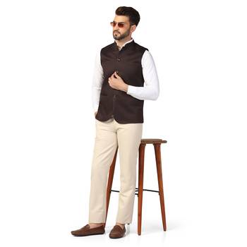Brown plain blended cotton nehru-jacket 5