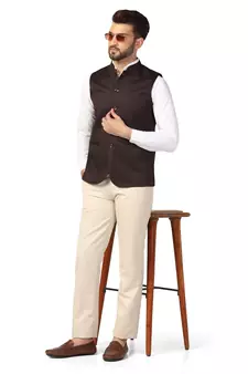 Brown plain blended cotton nehru-jacket