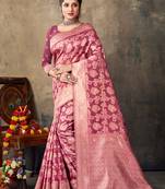 Sangam Prints Magenta Organza  Siroski Stone Work Traditional Tassle Saree