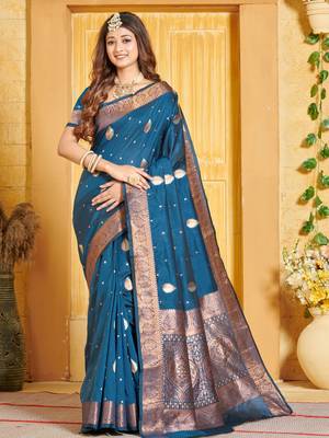 Navy Blue Banarasi silk blend Woven Zari Work Traditional Saree 1