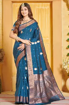 Navy Blue Banarasi silk blend Woven Zari Work Traditional Saree