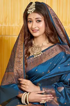 Navy Blue Banarasi silk blend Woven Zari Work Traditional Saree