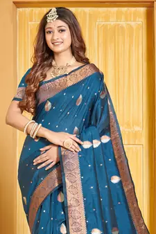 Navy Blue Banarasi silk blend Woven Zari Work Traditional Saree
