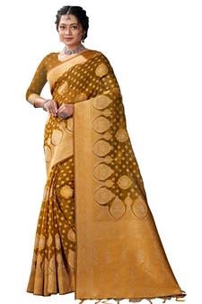 Sangam Prints Olive Green Cotton Woven Zari Work Traditional Tassle Saree