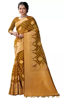 Sangam Prints Olive Green Cotton Woven Zari Work Traditional Tassle Saree