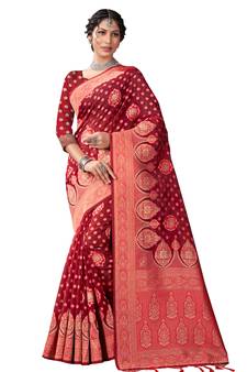 Sangam Prints Red Cotton Woven Zari Work Traditional Tassle Saree