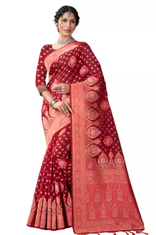 Sangam Prints Red Cotton Woven Zari Work Traditional Tassle Saree