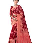 Sangam Prints Red Cotton Woven Zari Work Traditional Tassle Saree