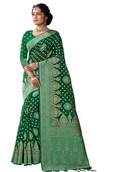 Sangam Prints Green Cotton Woven Zari Work Traditional Tassle Saree