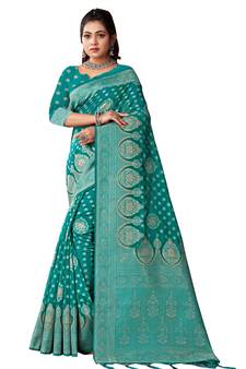 Sangam Prints Sea Green Cotton Woven Zari Work Traditional Tassle Saree